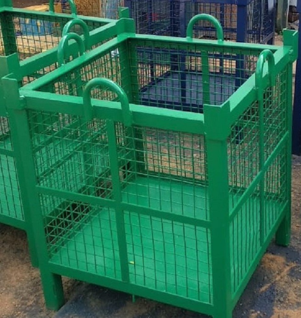Green mesh-sided industrial pallet